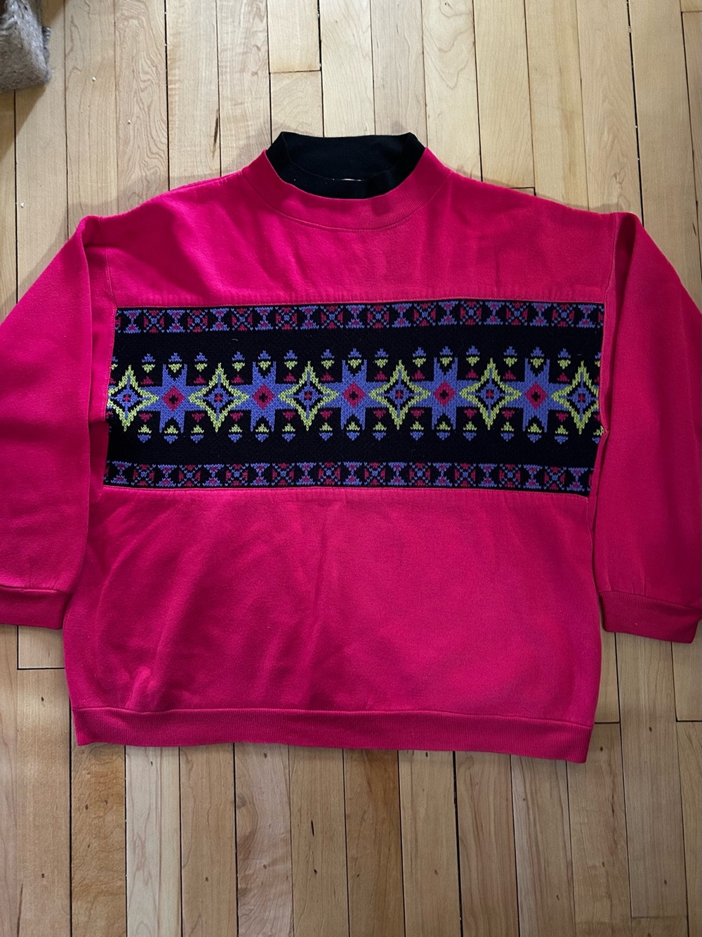 Women's Hot Pink Crewneck Sweatshirt with Patterned Chest Panel